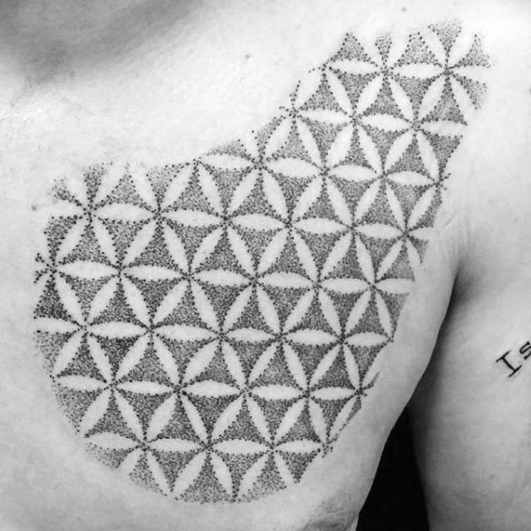 Dotwork Flower Of Life Negative Space Male Chest Tattoos