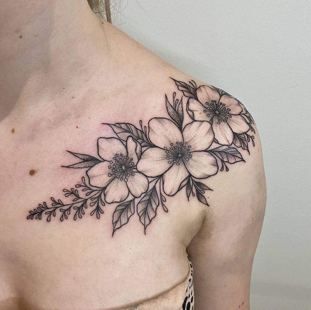 dotwork flower shoulder tattoo grizzlyayretattoos