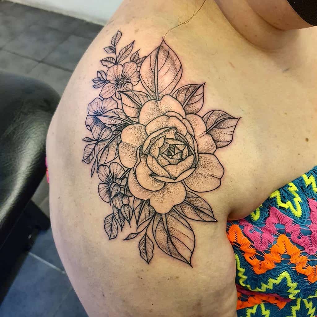 dotwork flower shoulder tattoo katwhysalltattoos