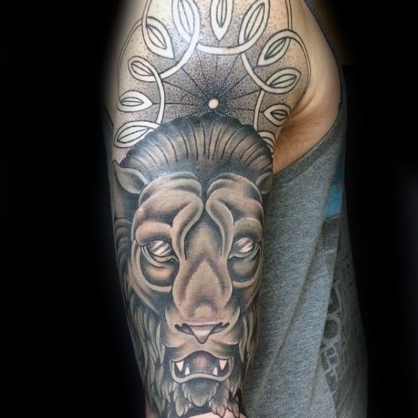 Dotwork Gargoyle Male Half Sleeve Tattoo Ideas