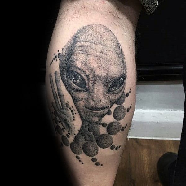 Dotwork Geometric Alien Male Leg Calf Tattoo Ideas