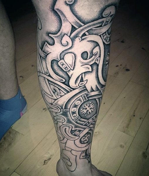 Dotwork Guys Leg Sleeve Rune Tattoo Designs