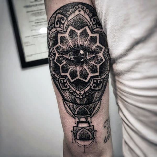 Dotwork Guys Pattern Hot Air Balloon Tattoo On Outer Forearem