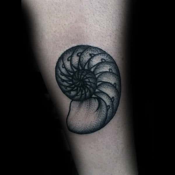 Dotwork Guys Seashell Spiral Tattoo On Forearm