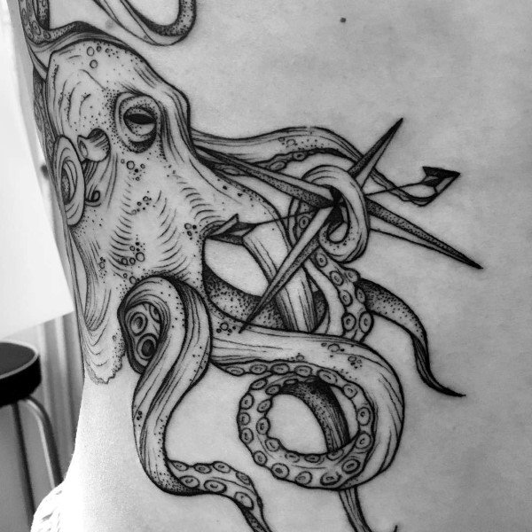 Dotwork Kraken With Nautical Star Mens Rib Cage Side Tattoo