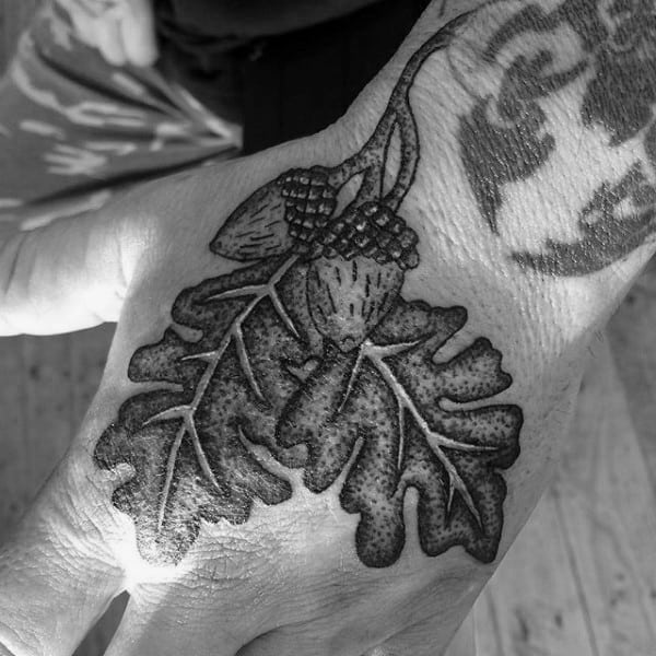 Dotwork Male Acorn And Oak Leaves Hand Tattoos