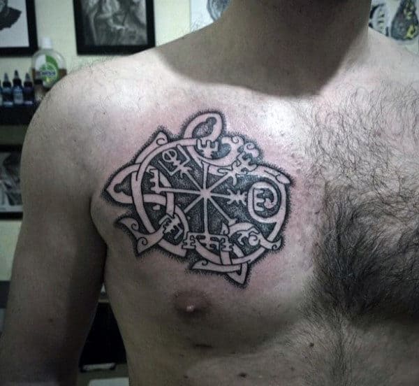 Dotwork Male Rune Norse Upper Chest Tattoo Inspiration