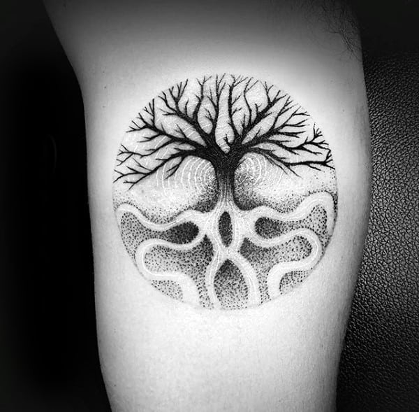 Dotwork Male Tree Roots Circle Tattoo