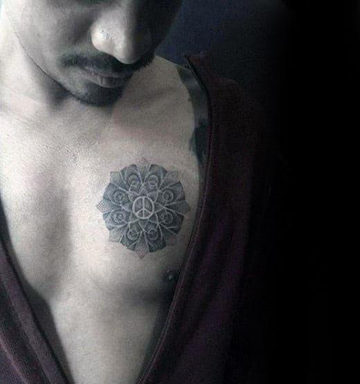 Dotwork Mens Geometric Peace Sign Chest Tattoos