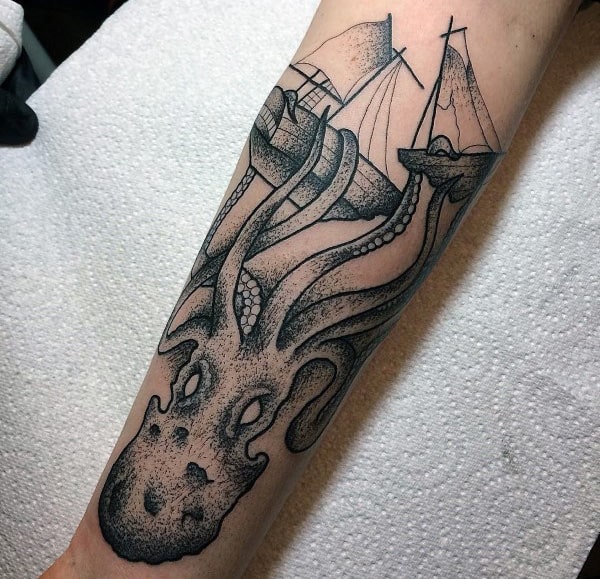 Dotwork Mens Kraken Breaking Sailing Ship Forearm Tattoo