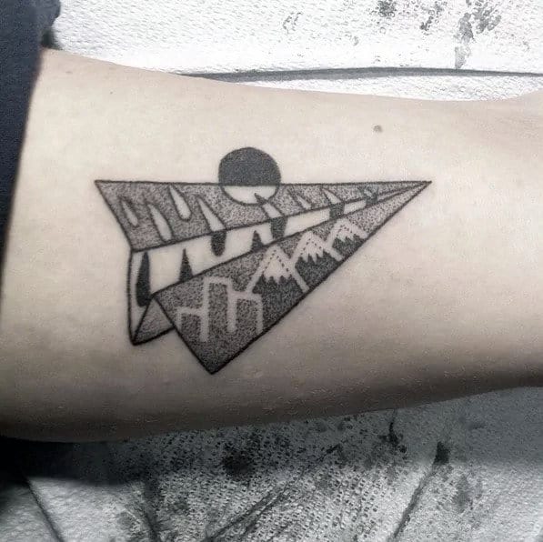 Dotwork Mens Mountains Paper Airplane Inner Arm Bicep Tattoos