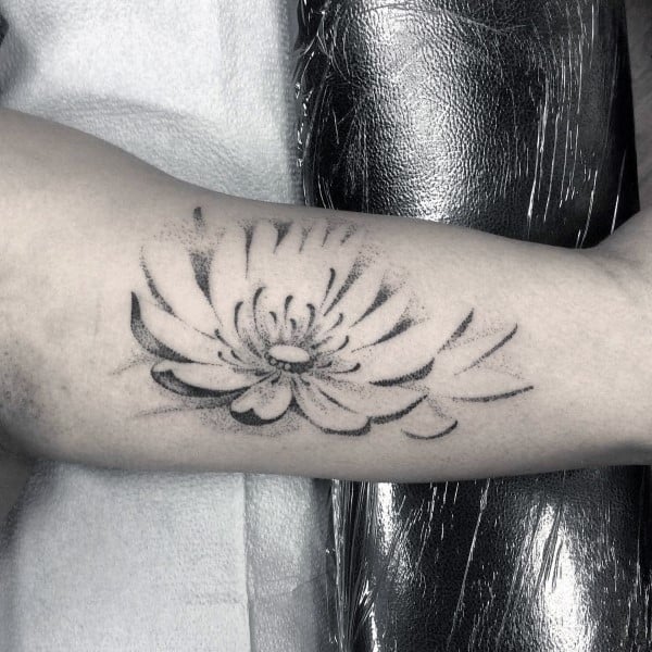 Dotwork Mens Negative Space Lotus Flower Tattoo On Inner Arm