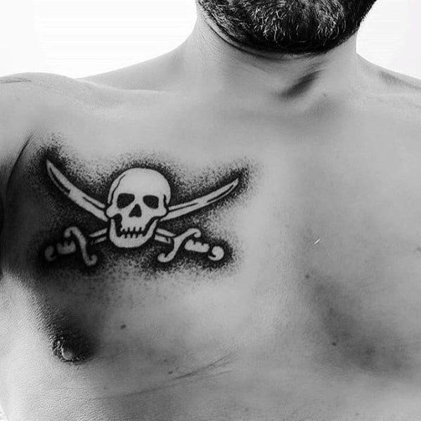 Dotwork Negative Space Guys Pirate Flag Upper Chest Tattoos