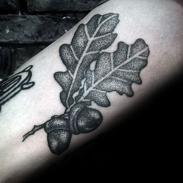 Dotwork Oak Leaf Acorn Mens Forearm Tattoos