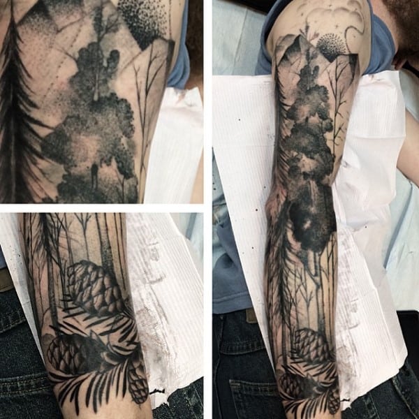Dotwork Pine Cone Tree Sleeve Tattoos For Guys