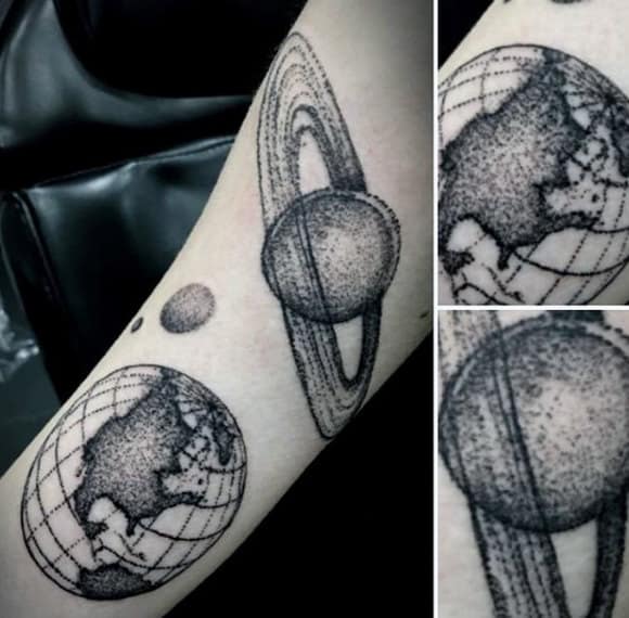 Dotwork Planets Globe Male Tattoo