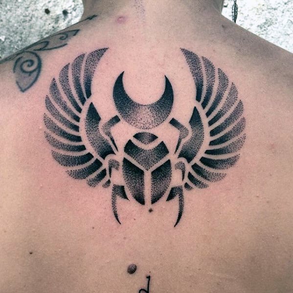 dotwork scarab bettle mens upper back tattoo designs