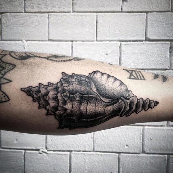 Dotwork Seashell Mens Outer Forearm Tattoos