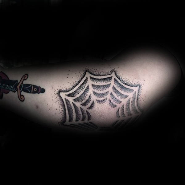 Dotwork Spider Web Tattoo For Males On Elbow Of Arm