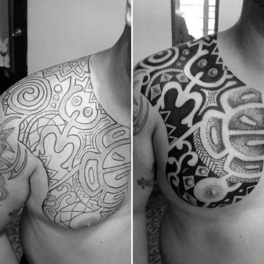 Dotwork Sun Mens Taino Tribal Chest And Shoulder Tattoo Ideas
