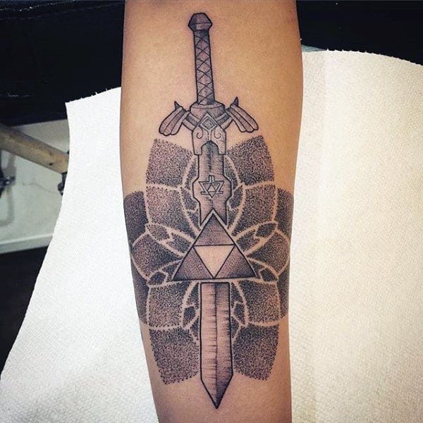 Dotwork Sword With Triforce Male Floral Geometric Zelda Arm Tattoos