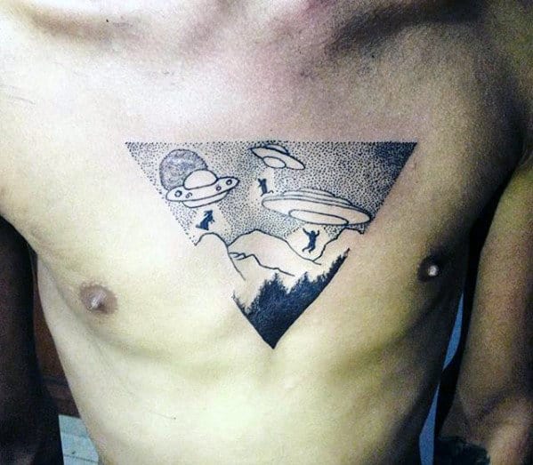 Dotwork Ufo Alien Spaceship Mens Triangle Chest Tattoo