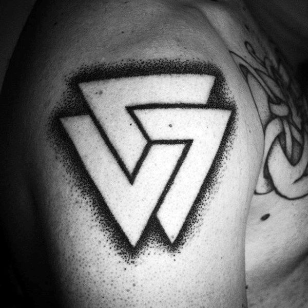 Dotwork Valknut Negative Space Mens Shoulder Tattoo Ideas
