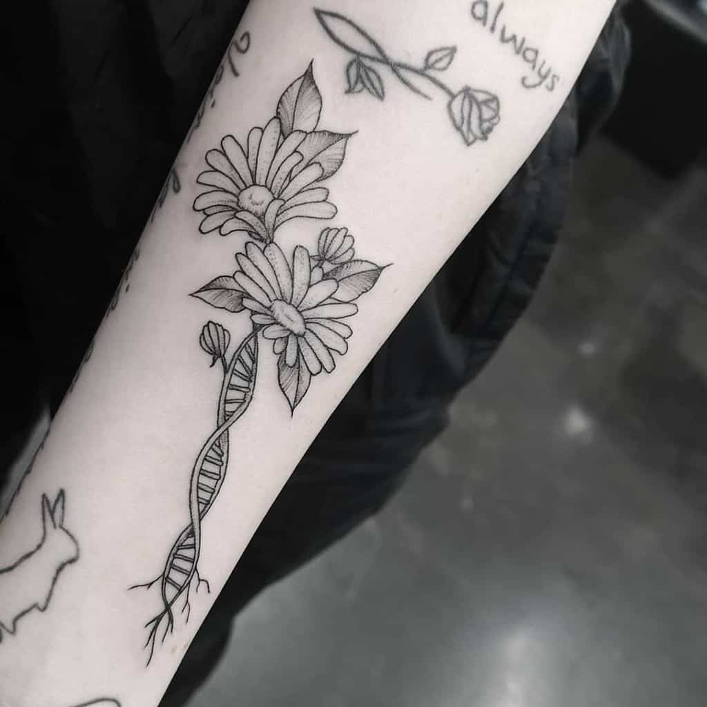 Forearm tattoo black and grey fine line surreal double helix daisy