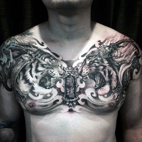Double Lion Mens Chest Tattoo With Black Ink