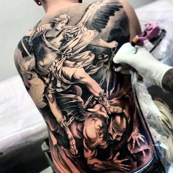 Double Toned Tattoo Of Greek God Killing Evil Mens Full Back