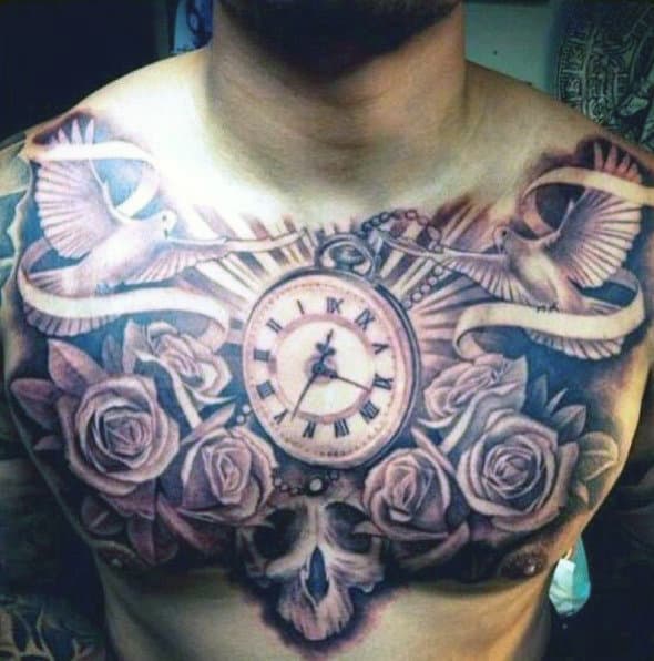 Dove And Rose Tattoo For Men On Chest