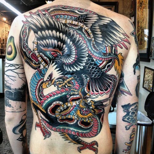 Dragon And Eagle Guys Traditional Full Back Tattoos