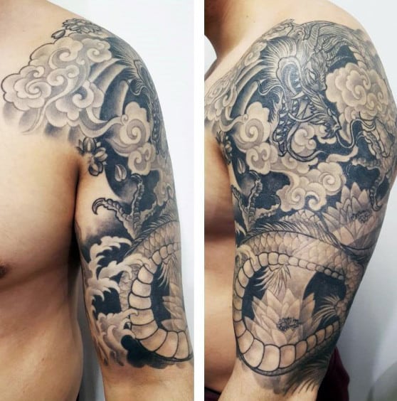 Dragon Lotus Flower Mens Half Sleeve Tattoos