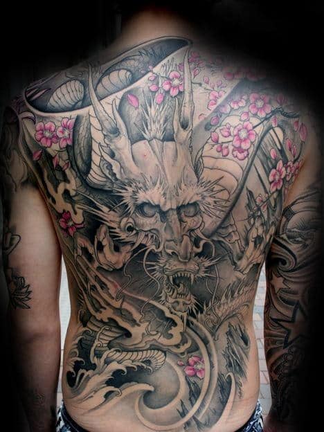 Dragon Mens Full Back Cherry Blossom Flower Tattoos