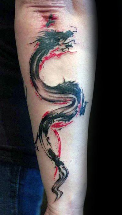 Dragon Outer Forearm Red And Black Tattoos For Gentlemen