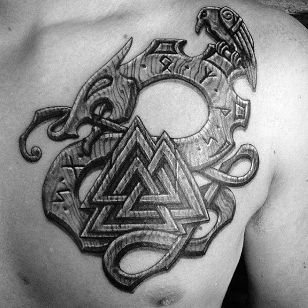 Dragon Valknut Carved Wood Mens Norse Upper Chest Tattoos