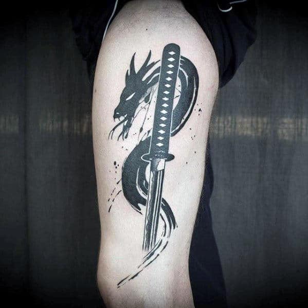 dragon-watercolor-samuari-sword-mens-side-of-leg-and-thigh-tattoos