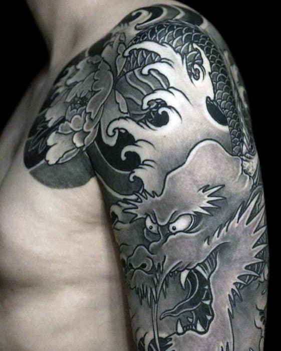 Dragon Wave Guys Japanese Half Sleeve And Chest Tattoo