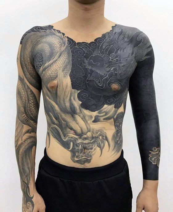 Dragon White Ink All Black Guys Chest And Sleeve Tattoos