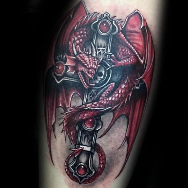 Dragon With Cross Mens Badass Vintage Leg Tattoo Ideas