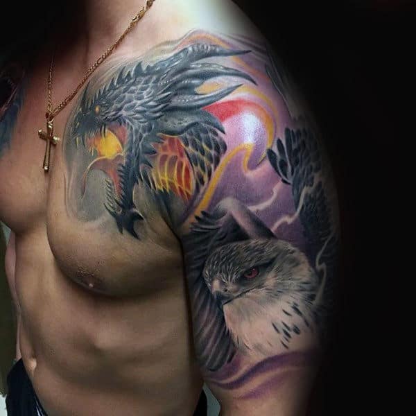 Dragon With Falcon Guys Half Sleeve Tattoo