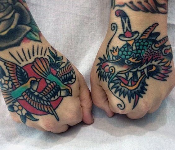 Dragon With Sparrows Traditional Hand Tattoos For Men