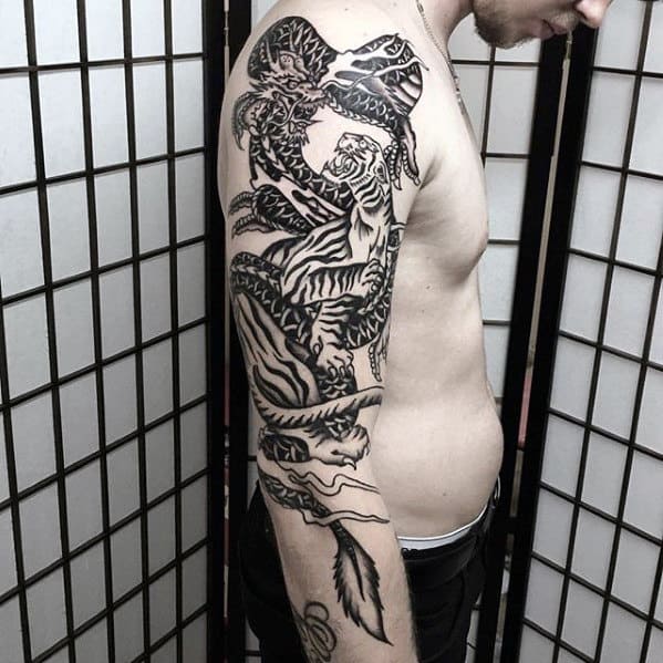 Dragon With Tiger Old School Traditional Mens Arm Tattoos