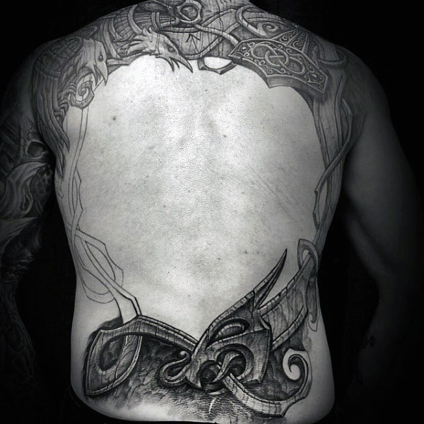 Dragon Wood Carving Norse Mens Back Tattoos
