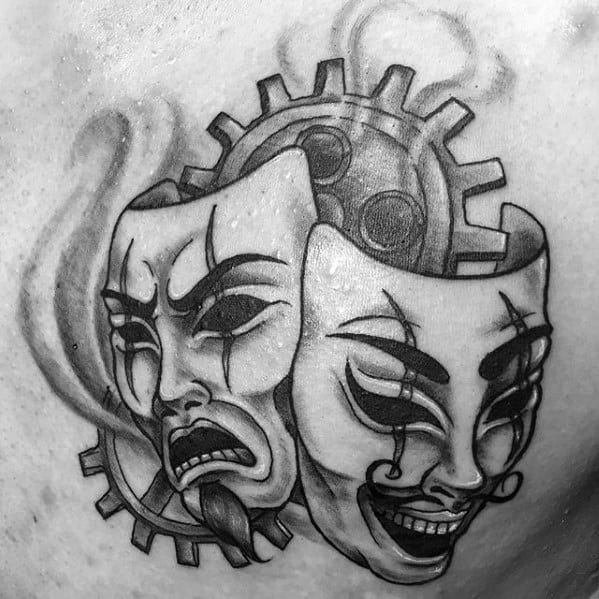 Drama Mask Male Tattoos On Chest With Gear Design