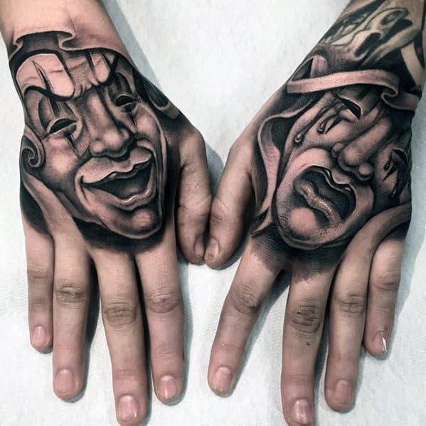 Drama Masks Unique Hand Tattoo Ideas For Men