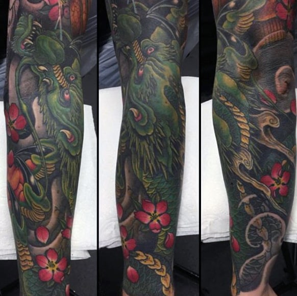 Dreadful Green Beast Japanese Sleeve Tattoo Guys