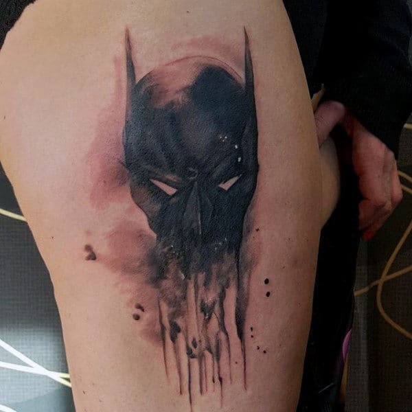 Dripping Batman Mask Mens Thigh Tattoos Watercolor Ink