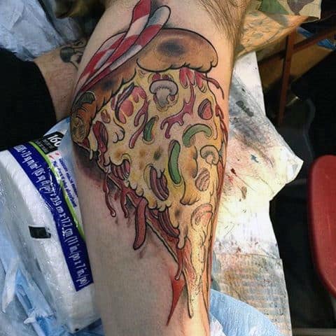 Dripping Cheese Topped Pizza Food Tattoo Male Arms