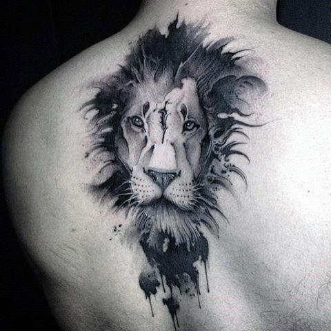 Dripping Watercolor Male Tattoo Of Lion On Upper Back